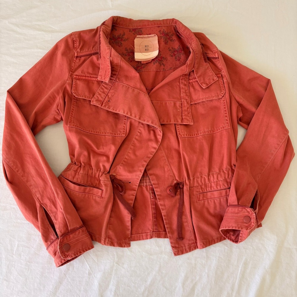 Anthropologie Hei Hei Rust Utility Jacket Cinched Waist Floral Trim Small